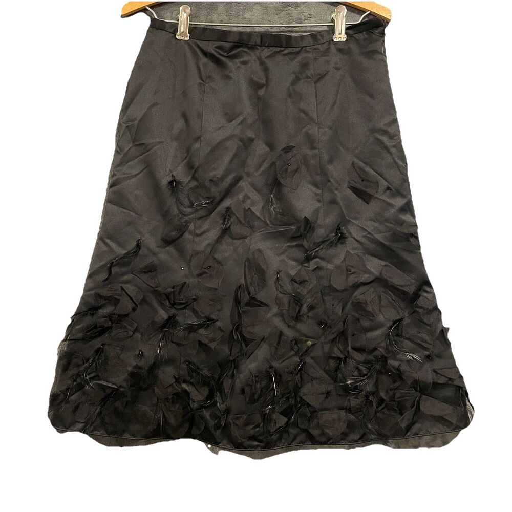 Veranique Young - 100% Silk black formal satin skirt with feather accent size 6